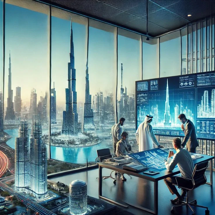 A team at work in an office above the Dubai skyline