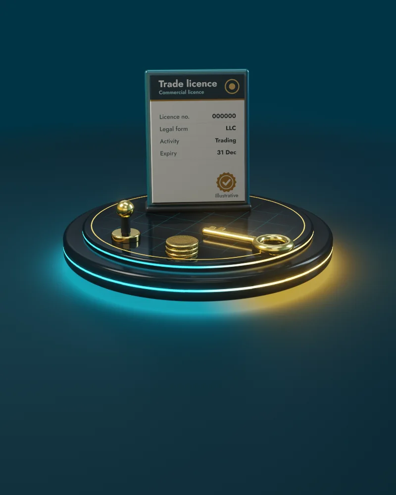 3D illustration of business setup in the UAE: structure, licence, bank account, books and tax registrations
