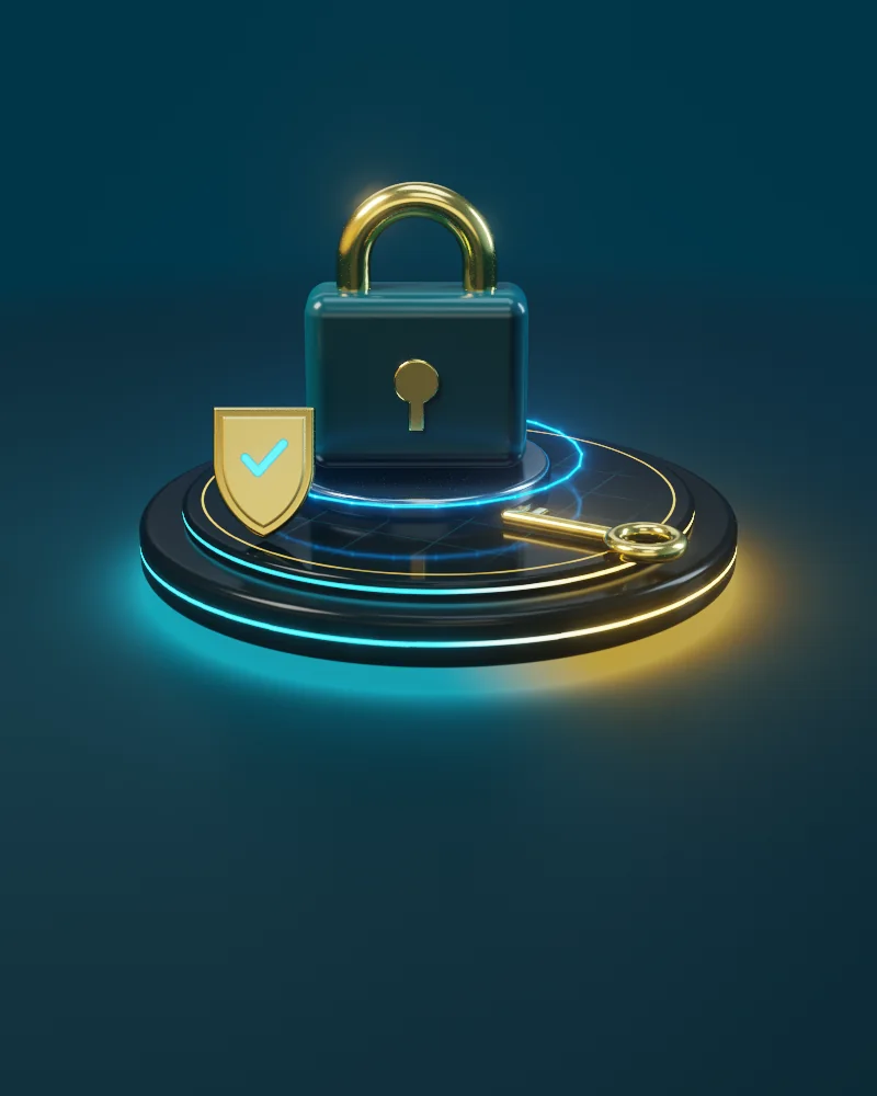 3D illustration: a padlock, its key and a shield